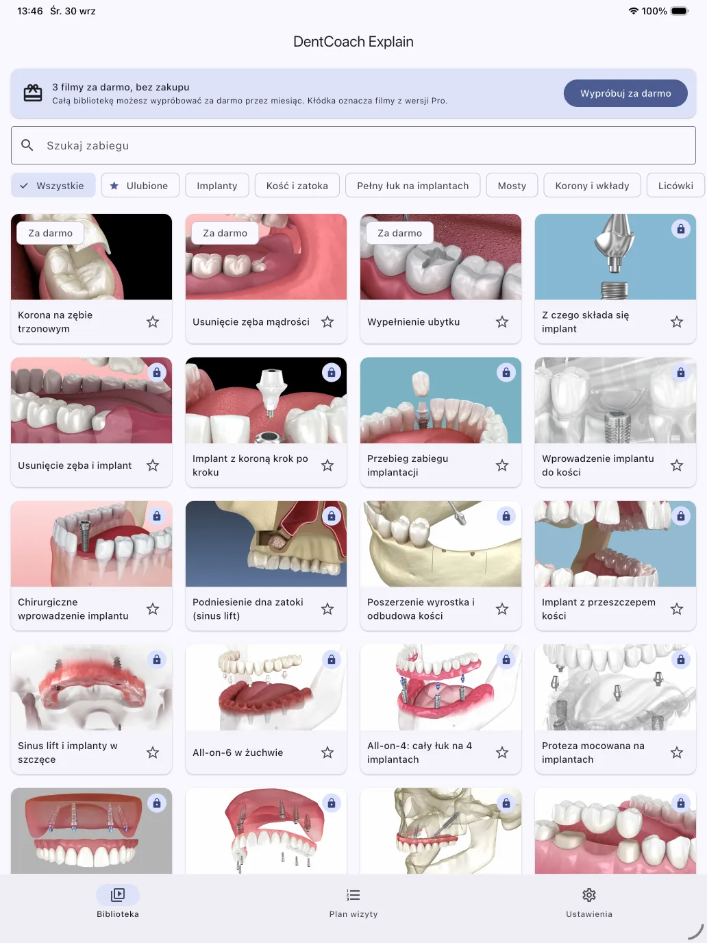 The DentCoach Explain library on iPad: animation tiles, categories and procedure search